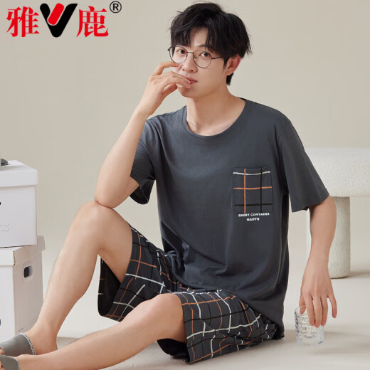雅鹿纯绵睡衣男夏季短袖短裤青少年卡通套装夏天薄款宽松大码家居服 H9928(短袖短裤) XL (建议120-140斤)