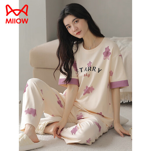 猫人（MiiOW）夏季女士短袖睡衣套装纯棉全棉长裤家居服春秋薄款春秋天可外穿 Y9713 M (建议75-95斤)