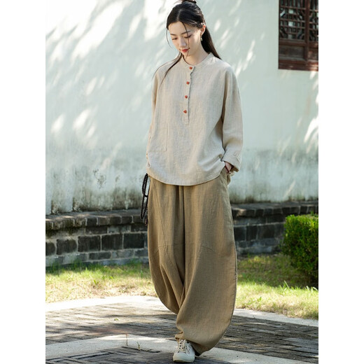 Qindu Zen Anzug Buddhistische Frauenanzug Buddhist Zen Anzug Chinesischer Stil Buttoned Top Anbetung Buddha Klamotempel Laien Zen (langer Anzug) warmes gelbes Leinen Top 826 L