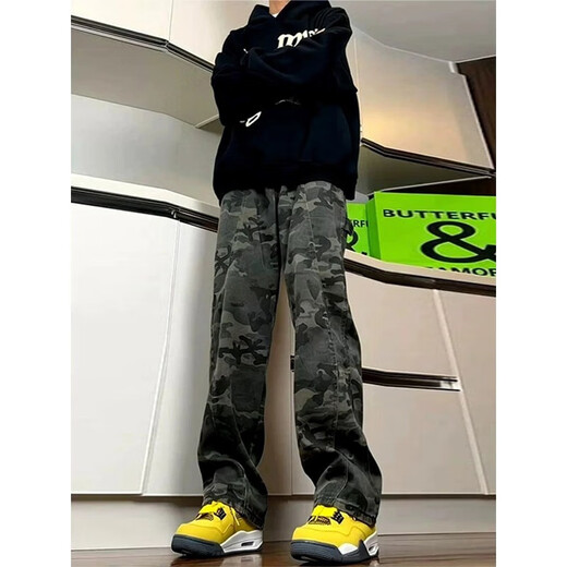 迪伽达迷彩裤子男士春秋夏季新款修身伐木工装美式高街直筒微喇牛仔裤 DFFS-671迷彩色 M