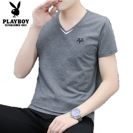 Playboy (Playboy) Doble de algodón en V bordado Camiseta de algodón corto deportes para hombres y camiseta casual estilo chino de moda