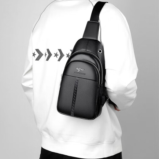 Kangaroo Herren-Crossbody Chest-Tasche echte Leder-Leder-Kopfschicht Kuhleder Leder One-Shoulder Lederbeutel Herren Ins Small Cross Bag Boy's Chest Bag Black 7029 Real Leder