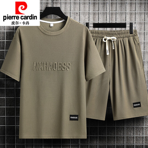 皮尔卡丹（pierre cardin）夏季男士运动套装短袖T恤上衣宽松大码短袖短袖休闲套装帅气搭配 套装829卡其 M 建议穿90-110斤
