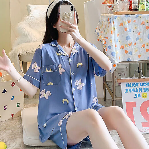Modal Summer Cotton Seide Thin Pyjamas Strickjacke Kurzarm Shorts Loose Set Japaner Cartoon niedliche künstliche Baumwollhauskleidung Baumwolle Seiden-Strickjacken Frauen Doppel-3520 m 80-100Jin [Jin gleich 0,5 kg]