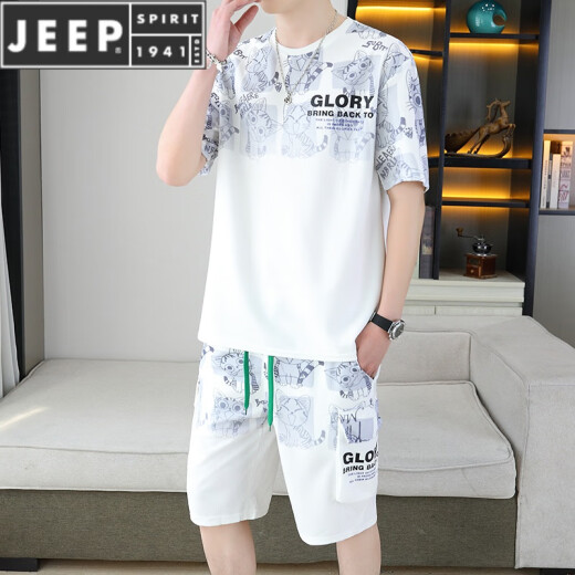 JEEP SPIRIT2025夏季新款短袖套装男青年百搭短裤休闲运动两件套渐变色男装 6187蓝色 M