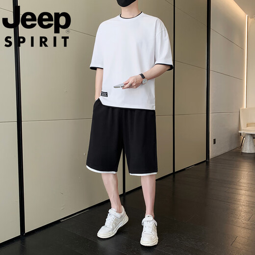JEEP SPIRIT吉普男士休闲运动套装2025年夏季新款纯色短袖短裤时尚宽松体恤衫 浅灰色 ZL9866 2XL 建议140-155斤