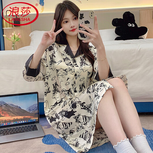 LangSha (LangSha) Light Luxury Ice Silk Nightgown Women's Spring and Autumn New Short-sleeved Korean Style Mid-Length Summer Pajamas Boyfriend Style Sexy Shirt 5000Q 2XL Recommended 140-160 Recommended Jin Jin is equal to 0.5 kg Wear