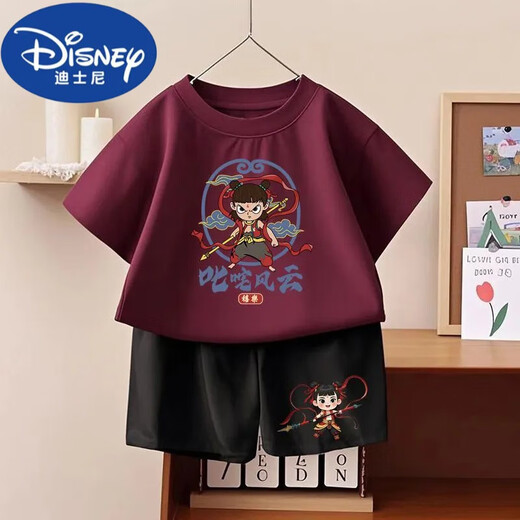 G.DuckKids Nezha: Tongtong Cotton Sweet Summer Summer Shorts New Children's Juego de dos piezas 1092# Pack Back T Wine Red + Pequeño 1098# Black Shorts 90