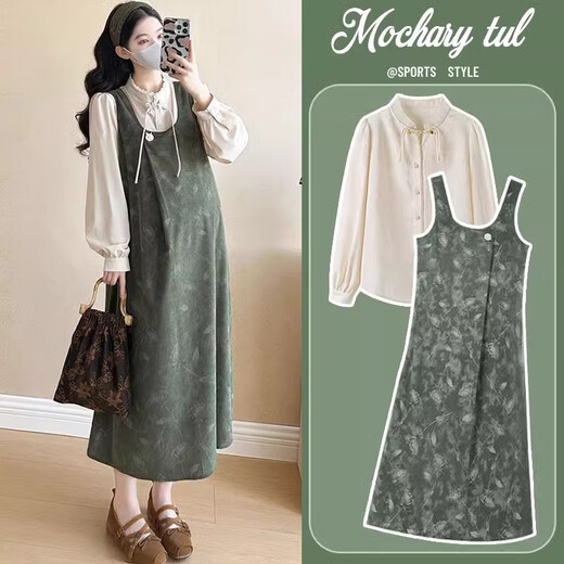 Geman Maternity Dress Spring and Autumn 2025 Fashion New Chinese Style National Style Loose Belly Covering Large Size Maternity Suspender Skirt Two-piece Set Suspender Skirt + Shirt M