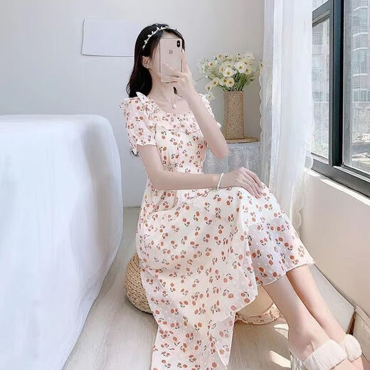 Yilizi [7027 people collect] 2025 new women's tea break French floral dress summer fresh Platycodon first love fairy apricot bottom floral M