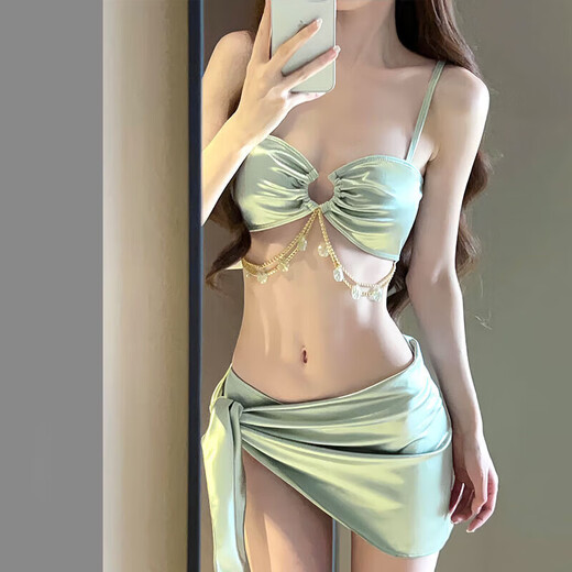 Jin Bingsheng bikini swimsuit for women in hot springs, sexy pure desire, slimming, fresh style, swimming pool and beach three-piece set with small breasts. Bikini three-piece set (green) L Recommended weight 90-110 Jin Jin is equal to 0.5 kg