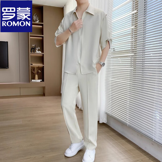 Romon Ice Seide kurzärmeligte Hemdanzug Herren Sommer lässig und reif und gut aussehend mit abfallenden Anti-Falten-Hosen Herrenanzug 718 Khaki (mittelgroßer Anzug) XL 130-145 Jin [Jin gleich 0,5 kg]