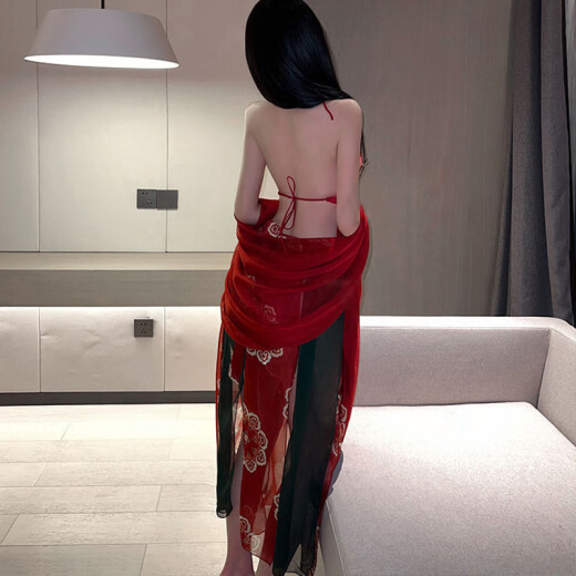 富伊熊新品情趣内衣性感古风汉服睡衣女调情免脱制服诱惑装激情床 红色汉服套装+9756镂空网衣套装 均码(建议80-130斤)