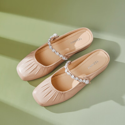 Tianmeiyi Mules Schuhe mit hoherhängender Frauen Sandalen Einkaufszentrum Gleicher französischer Bag-Toe-Halbschuhe 2025 Sommer BK841BH5 Beige empfohlen, eine größere Größe 34 zu nehmen 34