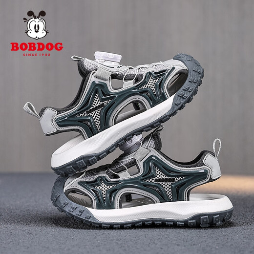 巴布豆（BOBDOG）凉鞋男童夏季包头2025新款儿童沙滩鞋中大童防滑运动凉男孩沙滩鞋 灰绿 TBD-K983 28 码 内长18.5CM
