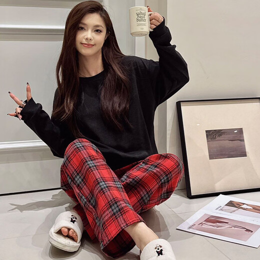 S.SOFEA Style College Girl Corean Pajamas Spring y otoño Solid Color Plaid Home Clothing H897# 175 L