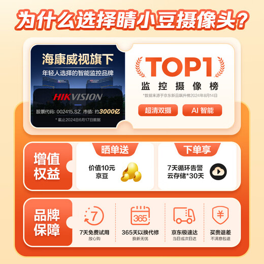 睛小豆萤石旗下双摄600万监控摄像头家用高清无线wifi监控器360度无死角带夜视全景云台AI白婴儿宝宝看护