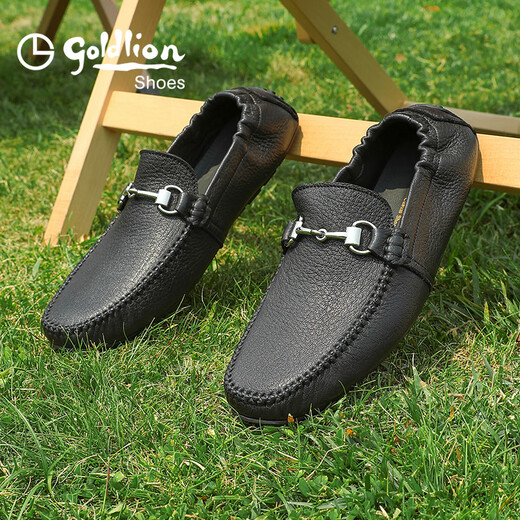 Goldlion Bean Shoes Men's Shoes Autumn Business Casual Shoes Deer Leather Shoes Soft Slip-on Driving Loafers Black 40