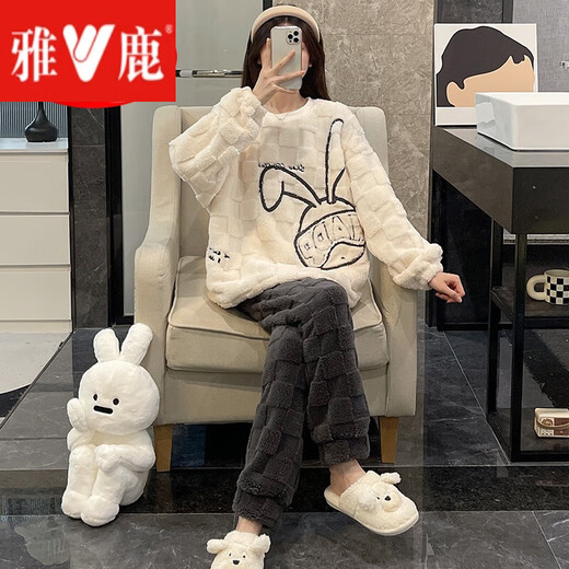 雅鹿睡衣女秋冬季珊瑚绒大码法兰绒加厚可爱蓝兔学生套装春网红家居服 MYQ-3271蓝兔 M