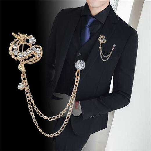 Nianfu Chinese style fashionable men's suit brooch set with diamonds Chinese dragon chain tassel collar pin dress accessories for wife gold