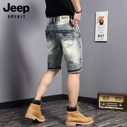 JEEP SPIRIT吉普夏季新款牛仔短裤男高端ins重磅薄款休闲弹力五分裤潮流中裤 826水洗蓝 28 【适合体重95-109斤  】