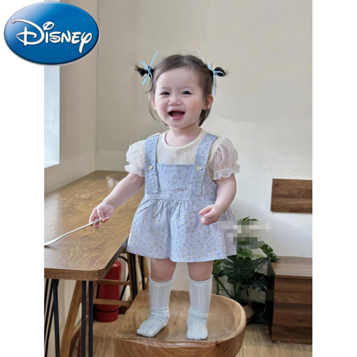 Disney (Disney) Kinderkleidung Baby Girl Summer Anzug Baby Ein Typ Blue Blumen-Hosenträger Rock Puff Kurzärärmelte Onesie Zwei Stücke Vergewaltigung Blumenanzug Kinder tragen 66
