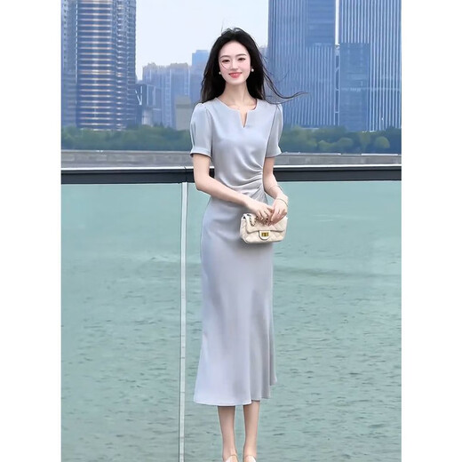 AEMAPE法式气质名媛高端2025浅蓝色连衣裙夏季女神范感端庄大气正式场合 浅蓝色连衣裙 XL 【建议115-125斤】