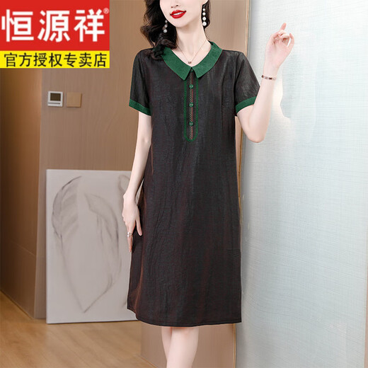 恒源祥杭州真丝连衣裙女夏季新款短袖宽松显瘦香云纱复古妈妈桑蚕丝裙子 6625D红色100%桑蚕丝 L 95-110斤