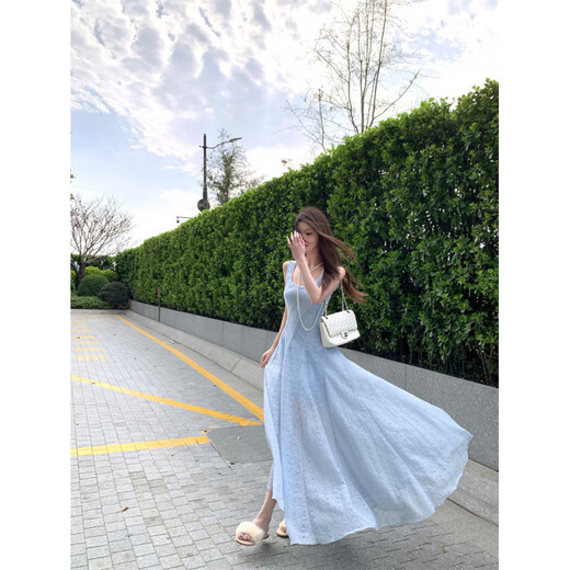 YIOU法式蓝色方领吊带连衣裙女夏季度假裙修身收腰裙子温柔风3294 蓝色长裙 S