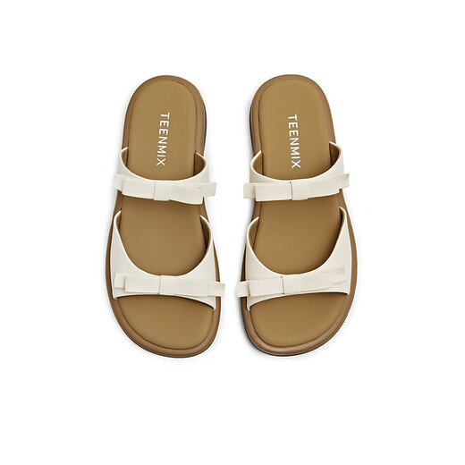 Tianmeiyi women's sandals double bow French flat sole comfortable women's slippers 2025 summer new KT070BH5 beige 38