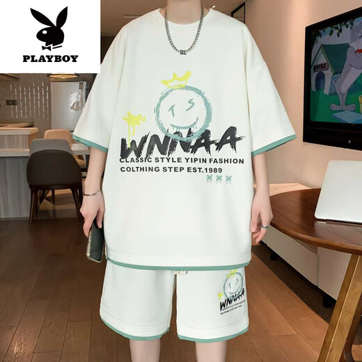 花花公子（PLAYBOY）青少年夏季新款运动套装12-15岁男孩学生短袖t恤大童冰丝短裤衣服 9928米色套装 M 约90-110斤可穿