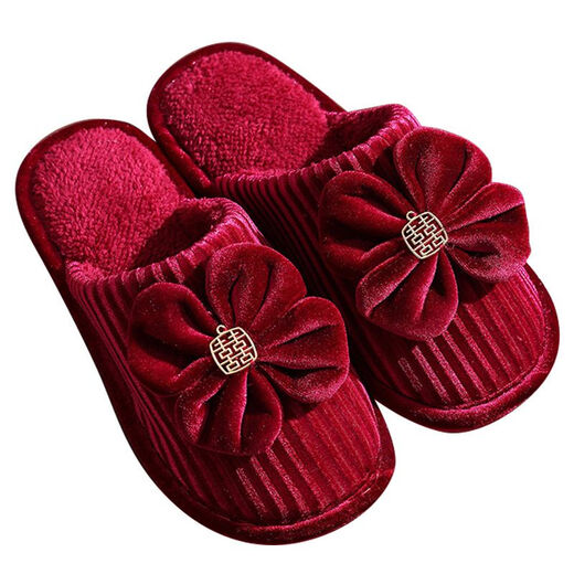 
Wedding slippers couple wedding festive red pair of women dowry wedding autumn and winter cotton drag wedding supplies collection Gold velvet strips cotton slippers 9905 [women's style] 20 size small recommended large [2] size