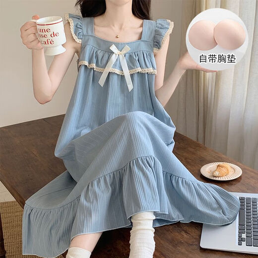 HUALIN FASHION韩式睡裙带胸垫中长款可外穿家居服 719-2蓝 170 2码(m-l)