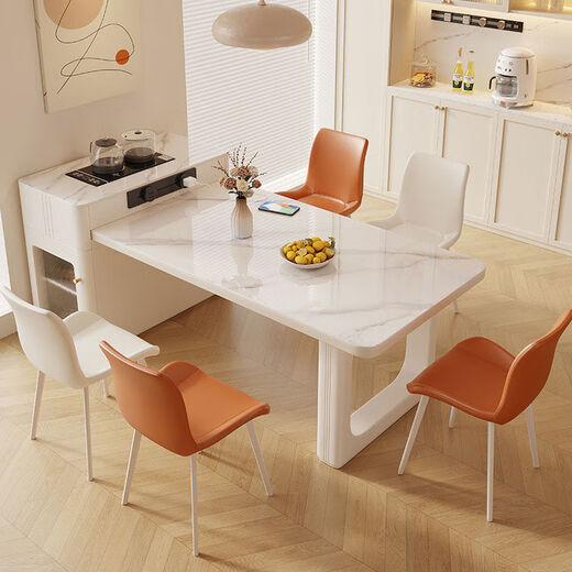Yaogan cream style slate island table, dining table and tea table, one-piece retractable small-sized high-end home restaurant center table, 12mm slate, fixed socket, regular flat model, 1.4 meters, 1 table, 4 plush chairs