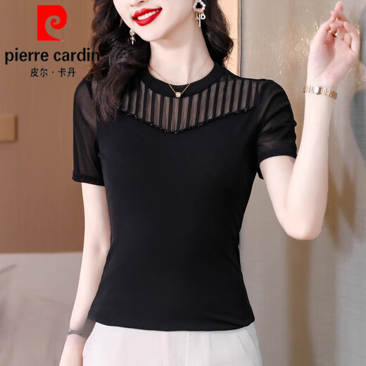 Pierre cardin mesh base shirt for women short-sleeved T-shirt for women 2025 new summer black mother l mother dress shirt slim lace top black (short-sleeved style) 1390# 2XL