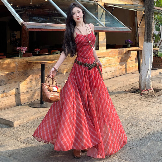 Con el temperamento casual del estilo europeo y de la Diosa M, la cintura es delgada de suspensor a cuadros rojo y empalmado para mujeres estilo Hong Kong Vestido de cintura alta 9734 Vestido a cuadros rojos S