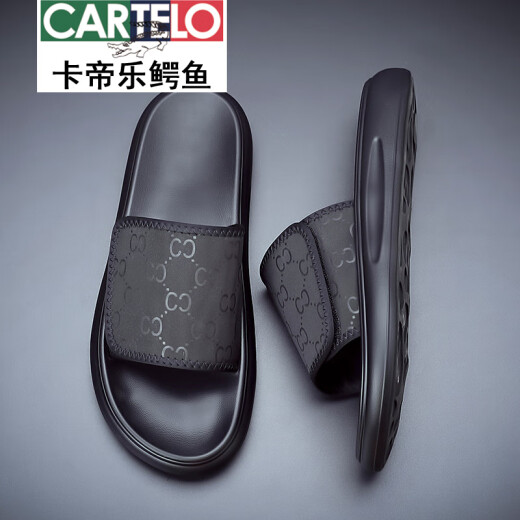 卡帝乐鳄鱼（CARTELO）拖鞋男夏季2025新款时尚百搭软底沙滩鞋男士外穿防水防臭一字拖鞋 黑色6189 38
