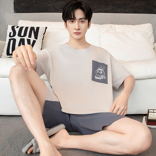 
Zisong summer large-size short-sleeved cotton pajamas men's round neck plus fat plus size 260 Jin [Jin equals 0.5 kg] Thin fat man loose home clothing set b short-sleeved 1517 L Recommended weight 110-135 Jin [Jin equals 0.5 kg]