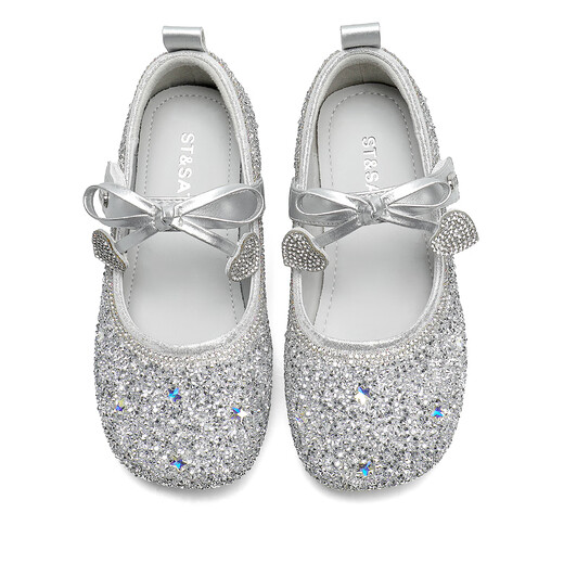 Saturday (St&Sat) Children's Shoes Girls Princess Shoes Spring and Autumn New Children's Crystal Shoes Small Leather Shoes Soft Soled Girls Shoes Baby Girls Shoes Glazed Silver 36 Inner Length Approximately 23.0cm