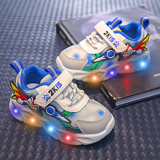 G.duck小黄鸭1-15岁儿童镂空透气网鞋夏季新款男童奥特曼运动鞋亮灯鞋子 兰色单网【夏款】A829 27 内长16.8cm