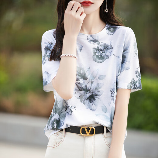 HMRSV Mulberry Silk Kurzärärmelte T-Shirt für Frauen 2025 Sommer Neues lässiges und modisches Design Cooles Gefühl MA Family Drucken Top Trend Chinese Style Ink 844 XL