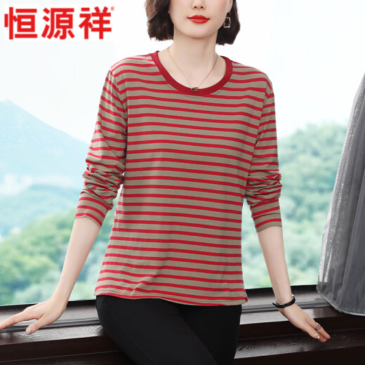 恒源祥纯.棉圆领长袖t恤女中老年妈妈装大码宽松2025春秋新款打底衫上衣 826#长袖【粉色】 M 建议80-100斤