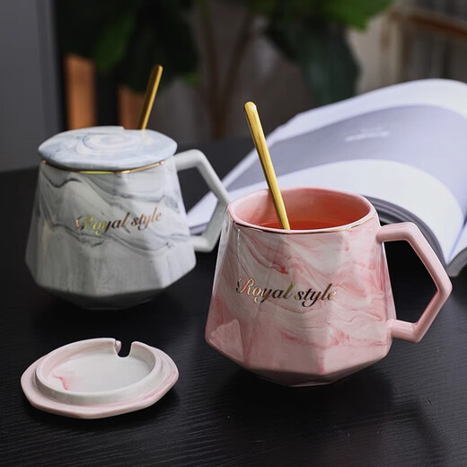 Cup ins high-looking mug couple style cup drinking cup household cup ceramic lid spoon stone pattern cup gray cup + lid + spoon 1 piece 400ml