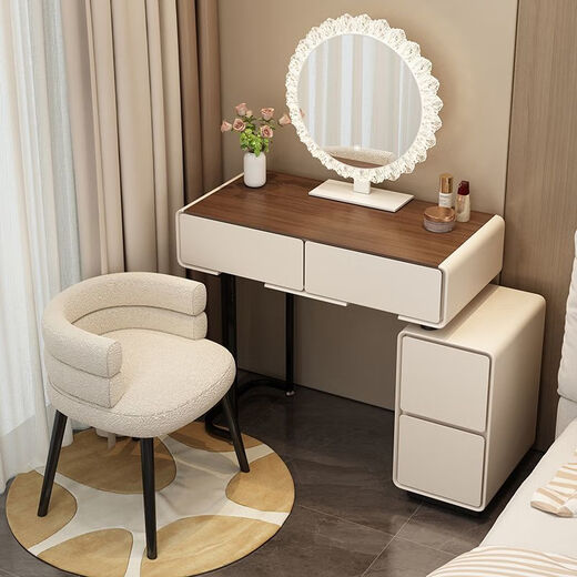 Tangshan (TANGSHAN) Tangshan cream style dressing table bedroom modern simple small apartment makeup table bedside storage chest cabinet desk mirror gray-walnut desktop (black round mirror) 655mm (60 table + side cabinet) + grid stool