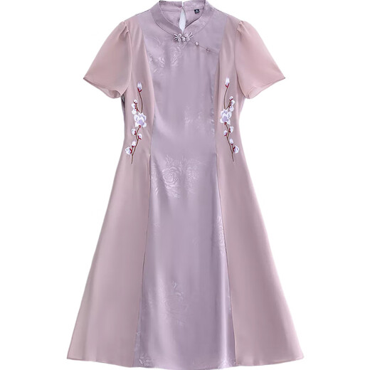 皮尔卡丹（pierre cardin）夏季新款改良旗袍连衣裙中长款韩版修身妈m妈女装复古雪纺裙子 藕粉色671 XL 建议85-105斤