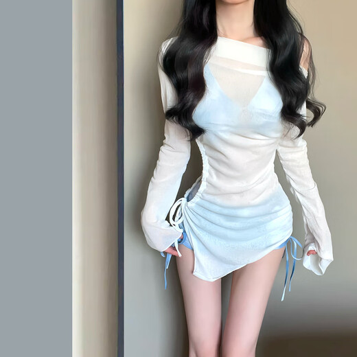 Qiaoyi bikini women's swimsuit new seaside hot spring sexy retro denim long-sleeved blouse split vacation swimsuit light blue blouse three-piece set 80Jin Jin equals 0.5kg -120Jin Jin equals 0.5kg