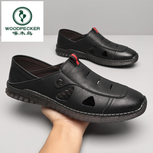 Woodpecker summer leather sandals men's soft sole soft face men's casual versatile hollow sandals hole shoes non-slip driving shoes white 6625 38