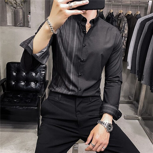 HUALIN FASHION痞帅男士衬衫春秋季潮流修身条纹衬衣2025 GWH-753黑色 L 适合107-127斤以内