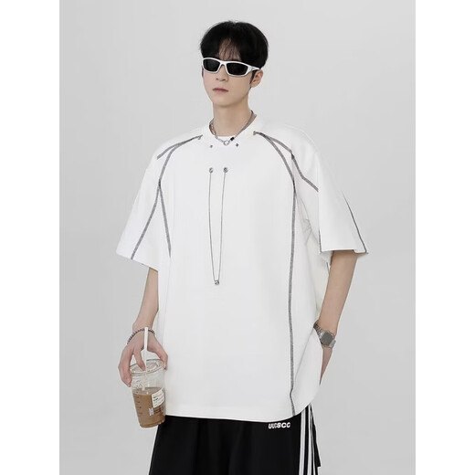 
COLORFUL GEMS summer contrasting line shoulder pad short-sleeved shirt men's design small neckline 1421 white M
