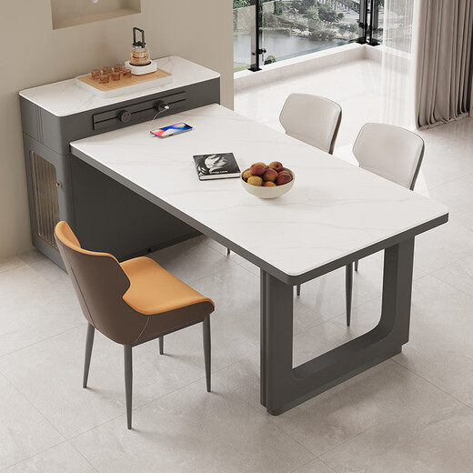 Jun cream style slate dining table and island combination in one retractable living room home modern simple multi-functional dining table double hole electric tea stove (grey + white) fixed socket 1.6 meters one table 6 chairs caterpillar chair